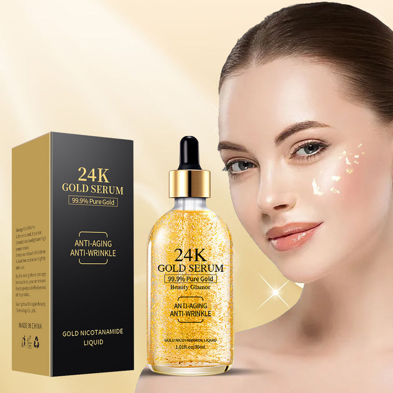 24K Gold Anti-Aging Anti-Wrinkle Face Serum with 99.9% Pure Gold Nicotinamide Liquid, 30ml dropper bottle and packaging