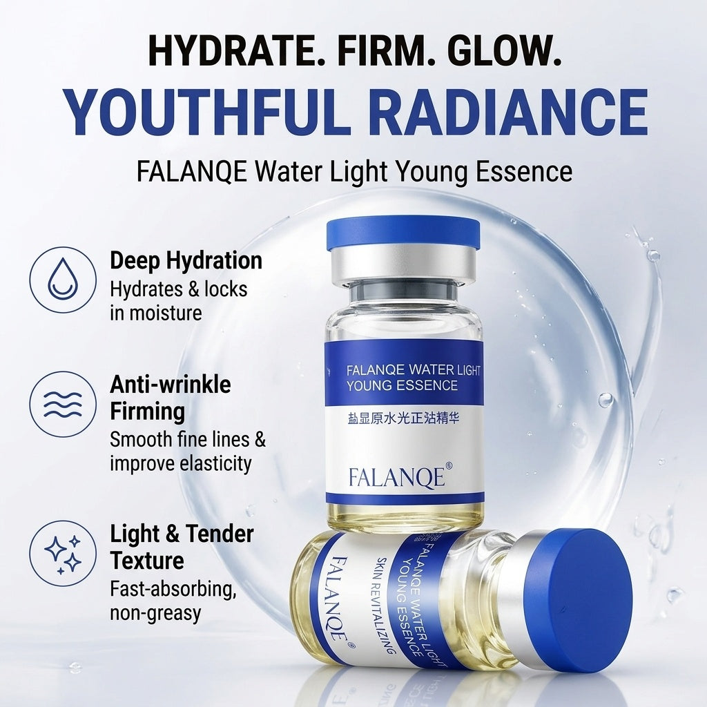 FALANQE Hydrating Rejuvenation Essence blue vials with PQQ Water Light Young Essence packaging, featuring anti-wrinkle firming and hydrating lotion with national patent technology and 2 imported ingredients