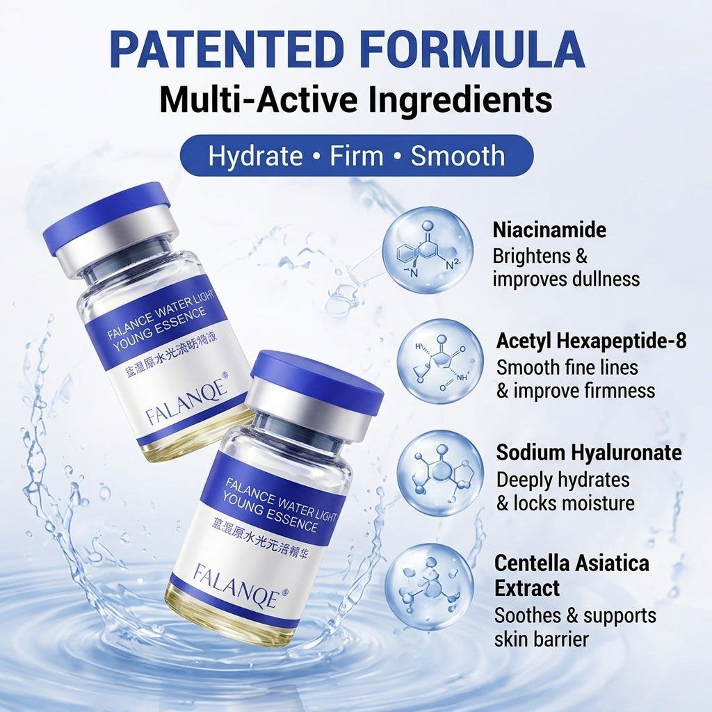 FALANQE Hydrating Rejuvenation Essence blue vials with PQQ Water Light Young Essence packaging, featuring anti-wrinkle firming and hydrating lotion with national patent technology and 2 imported ingredients