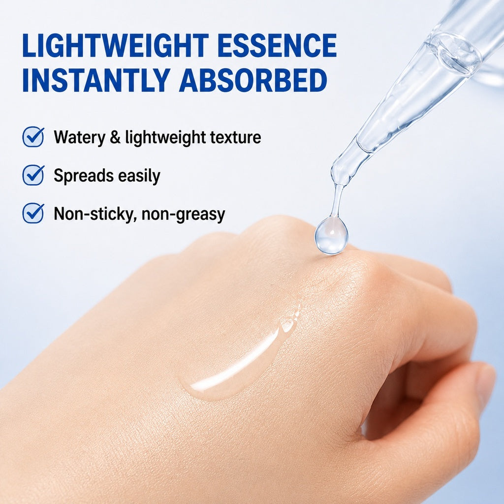 FALANQE Hydrating Rejuvenation Essence blue vials with PQQ Water Light Young Essence packaging, featuring anti-wrinkle firming and hydrating lotion with national patent technology and 2 imported ingredients