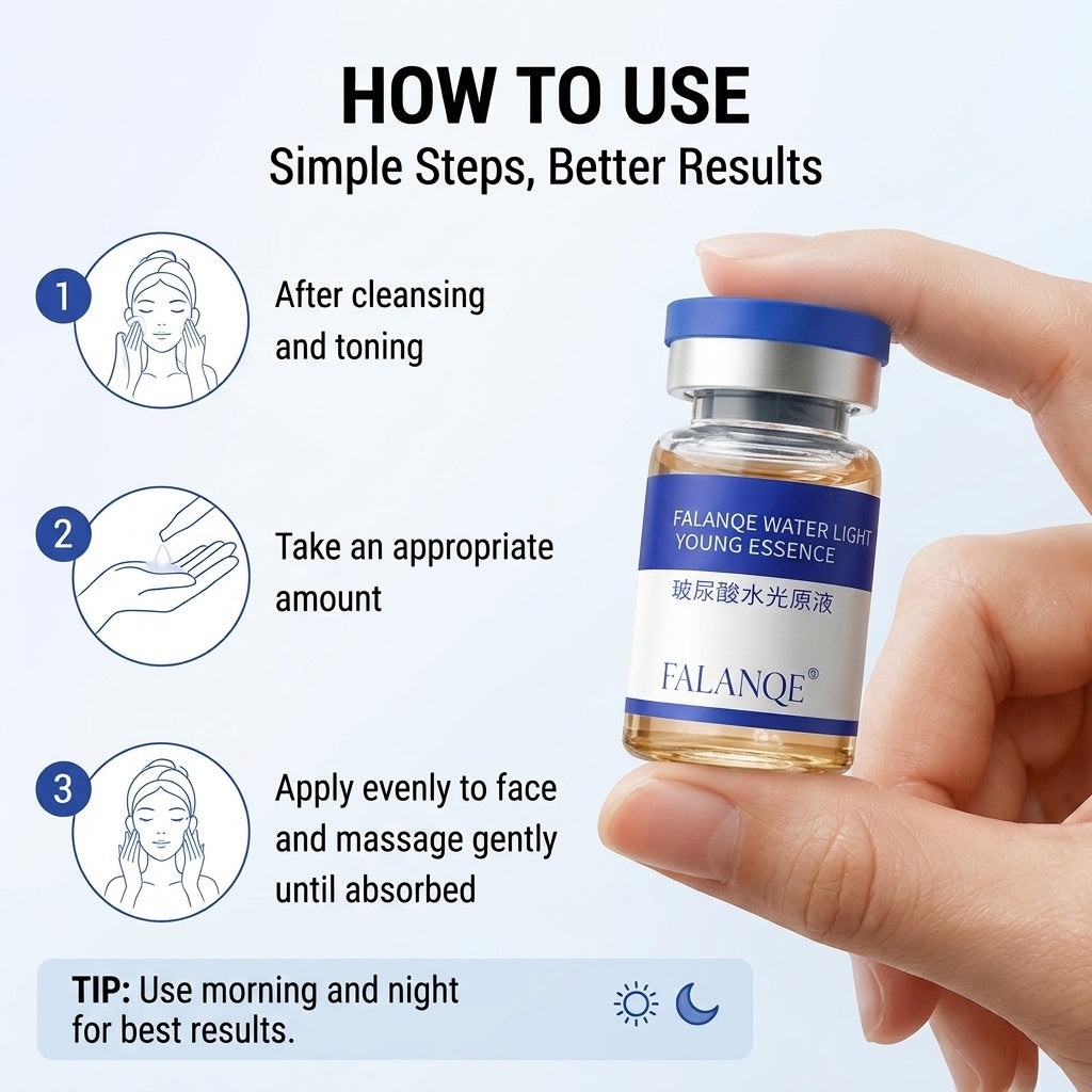 FALANQE Hydrating Rejuvenation Essence blue vials with PQQ Water Light Young Essence packaging, featuring anti-wrinkle firming and hydrating lotion with national patent technology and 2 imported ingredients