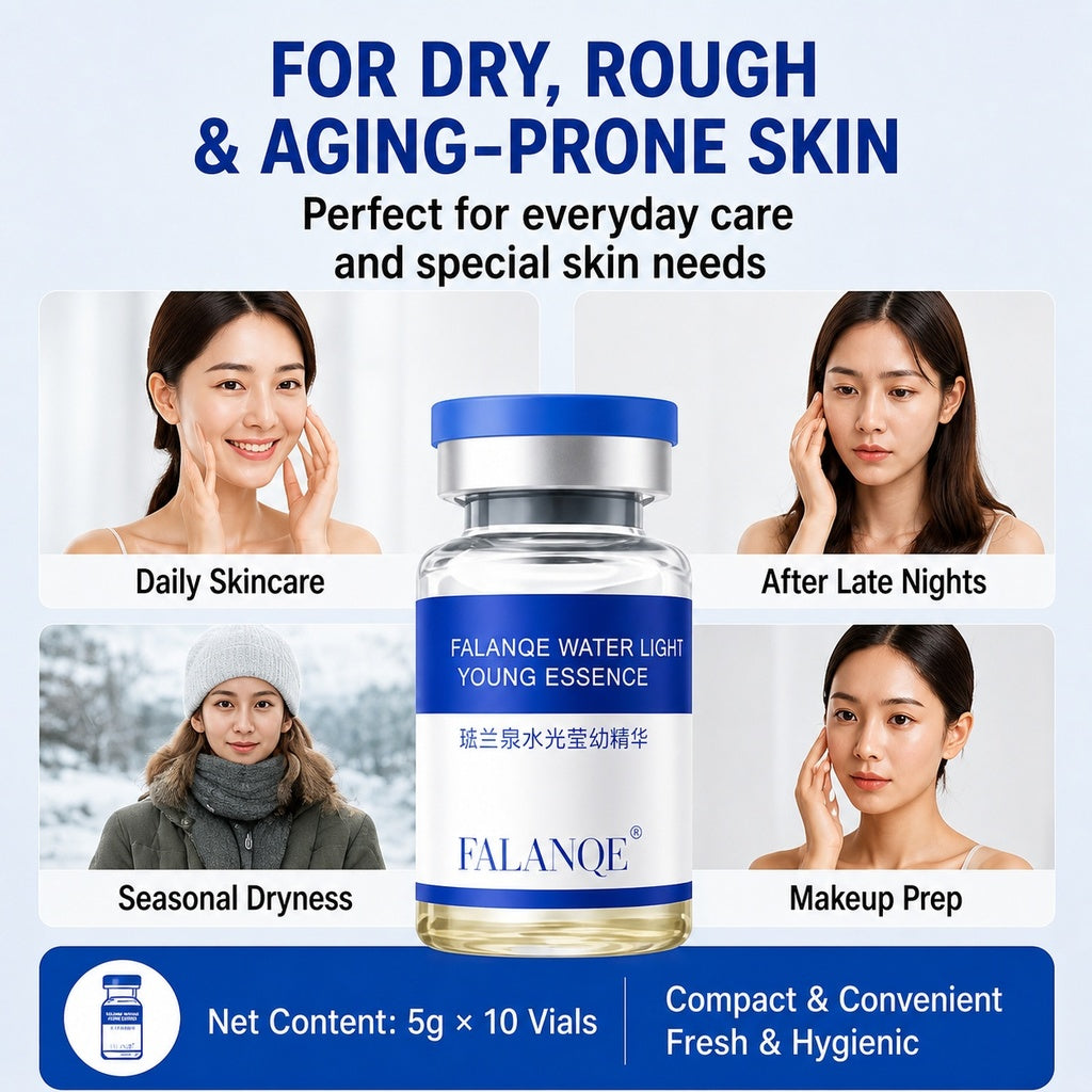FALANQE Hydrating Rejuvenation Essence blue vials with PQQ Water Light Young Essence packaging, featuring anti-wrinkle firming and hydrating lotion with national patent technology and 2 imported ingredients