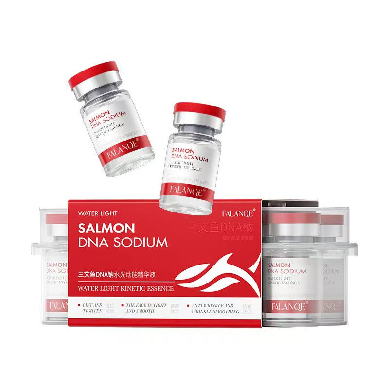 FALANQE Salmon DNA Sodium Water Light Kinetic Essence – set of glass vials with red caps and box packaging, lifts and tightens skin, anti-wrinkle and wrinkle smoothing