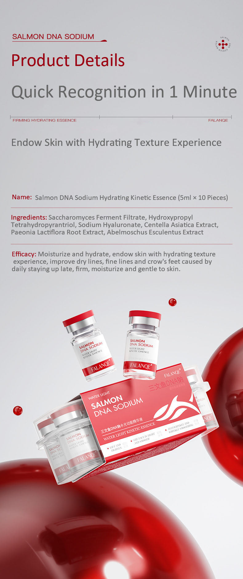 FALANQE Salmon DNA Sodium Water Light Kinetic Essence – set of glass vials with red caps and box packaging, lifts and tightens skin, anti-wrinkle and wrinkle smoothing