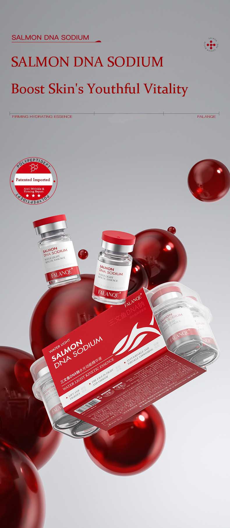 FALANQE Salmon DNA Sodium Water Light Kinetic Essence – set of glass vials with red caps and box packaging, lifts and tightens skin, anti-wrinkle and wrinkle smoothing
