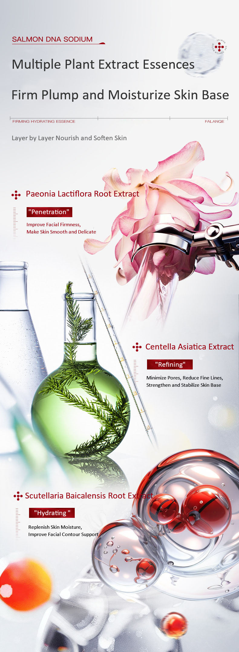 FALANQE Salmon DNA Sodium Water Light Kinetic Essence – set of glass vials with red caps and box packaging, lifts and tightens skin, anti-wrinkle and wrinkle smoothing