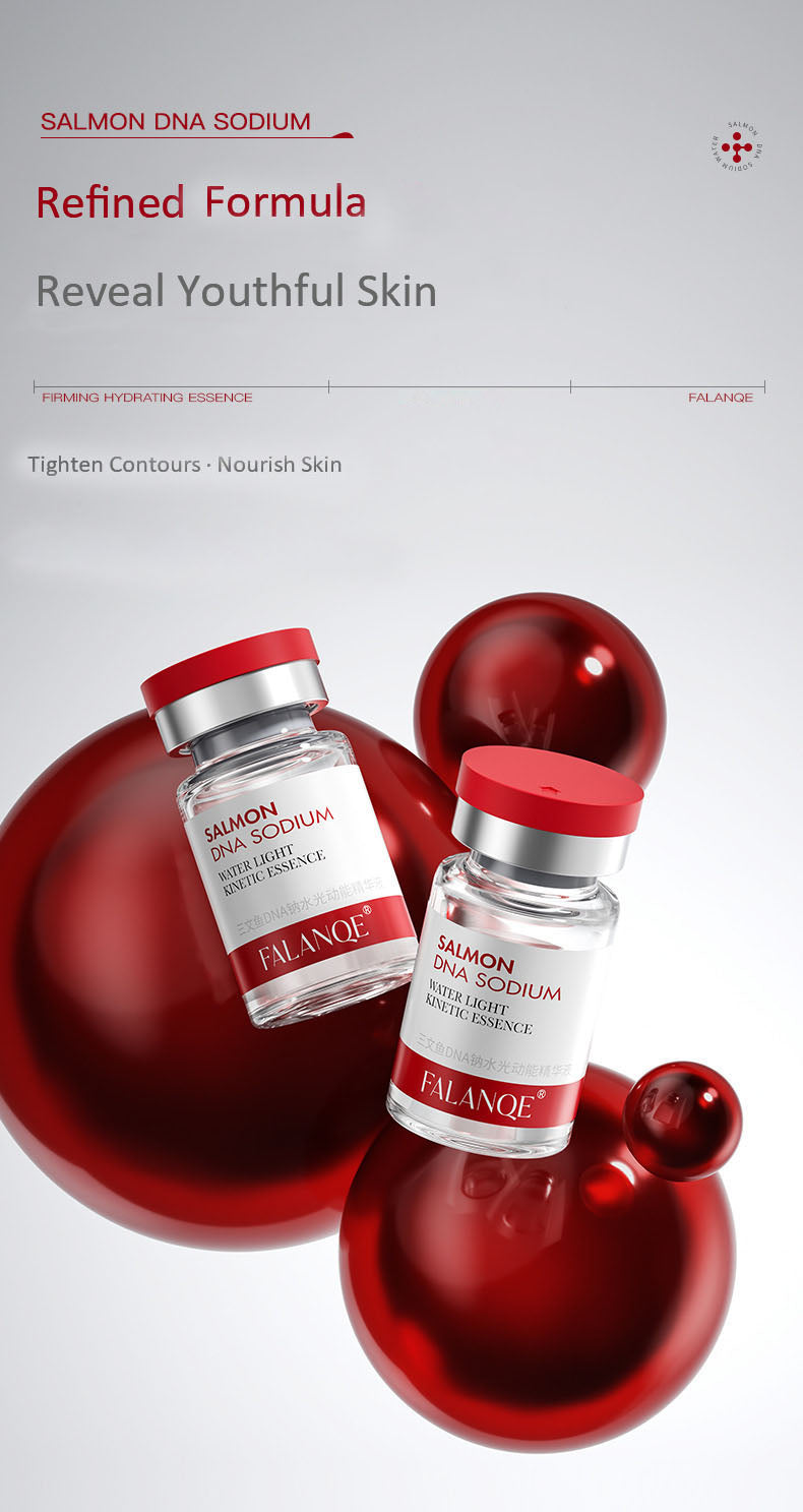 FALANQE Salmon DNA Sodium Water Light Kinetic Essence – set of glass vials with red caps and box packaging, lifts and tightens skin, anti-wrinkle and wrinkle smoothing