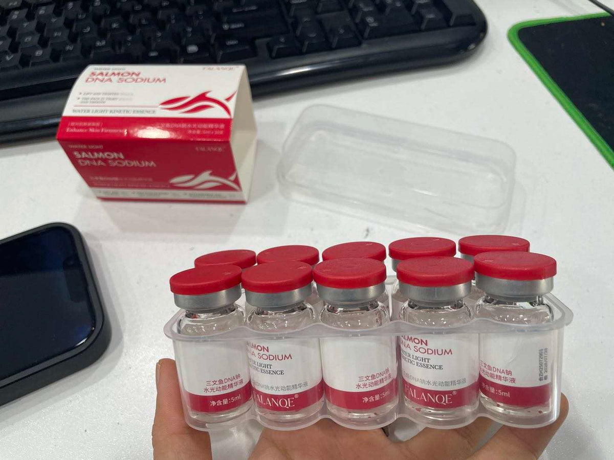 FALANQE Salmon DNA Sodium Water Light Kinetic Essence – set of glass vials with red caps and box packaging, lifts and tightens skin, anti-wrinkle and wrinkle smoothing