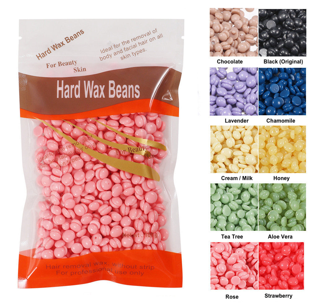 Hard wax beans for body and facial hair removal in 10 scents: Chocolate, Black, Lavender, Chamomile, Cream/Milk, Honey, Tea Tree, Aloe Vera, Rose, Strawberry – suitable for all skin types
