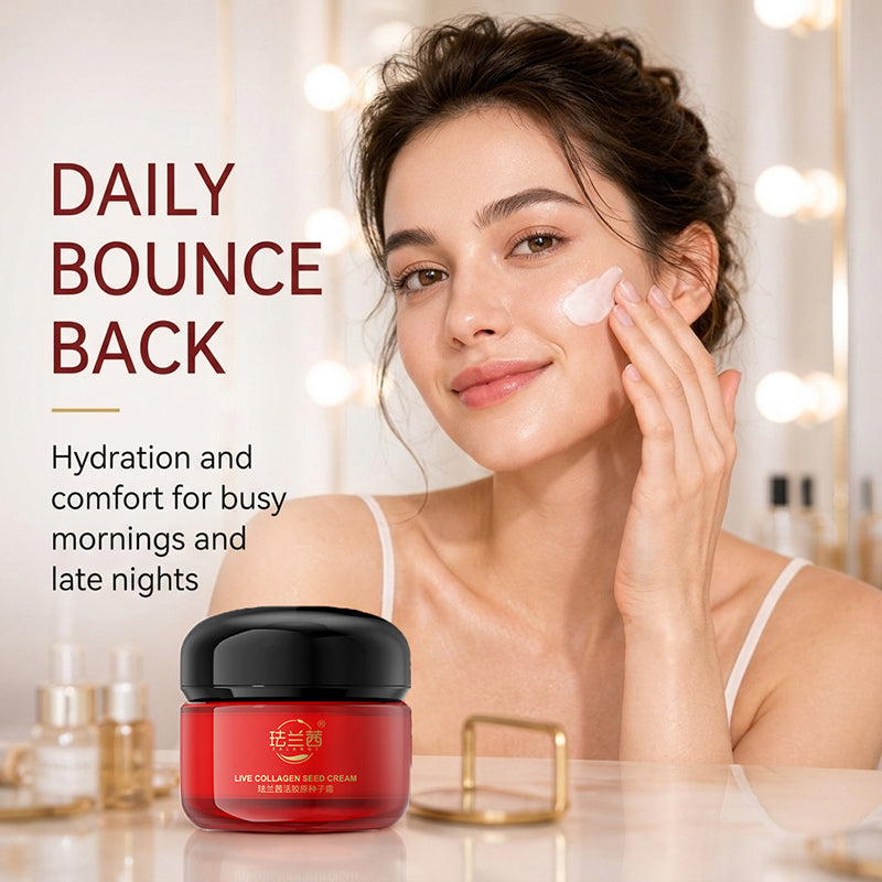 Woman applying Live Collagen Sleep Cream to her face – daily hydration and comfort for busy mornings and late nights
