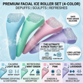 Premium 4-color facial ice roller set in light blue, mint green, pink and lavender – food-grade silicone, long-lasting cold effect, depuffing, sculpting and muscle relief