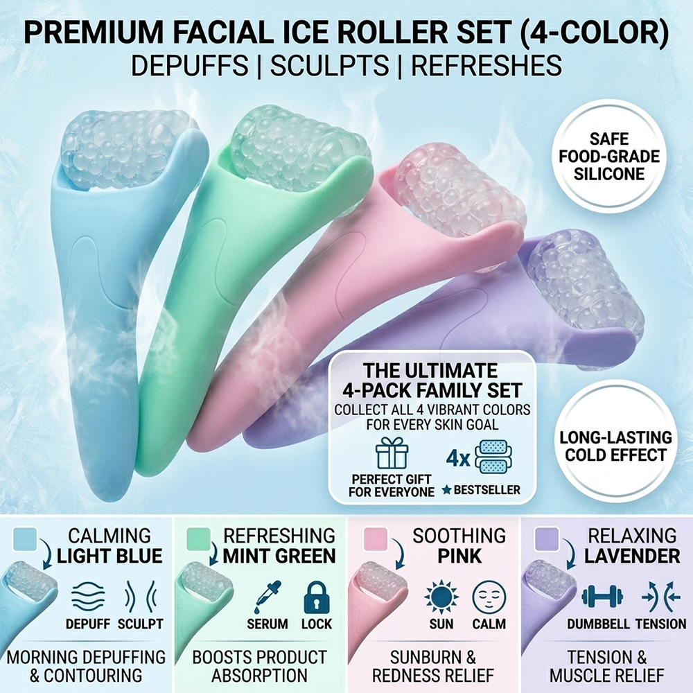 Premium 4-color facial ice roller set in light blue, mint green, pink and lavender – food-grade silicone, long-lasting cold effect, depuffing, sculpting and muscle relief