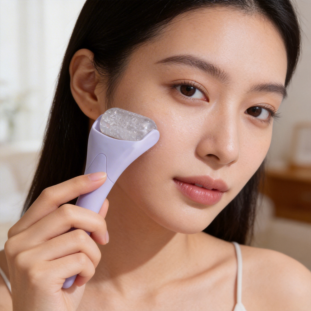 Premium 4-color facial ice roller set in light blue, mint green, pink and lavender – food-grade silicone, long-lasting cold effect, depuffing, sculpting and muscle relief
