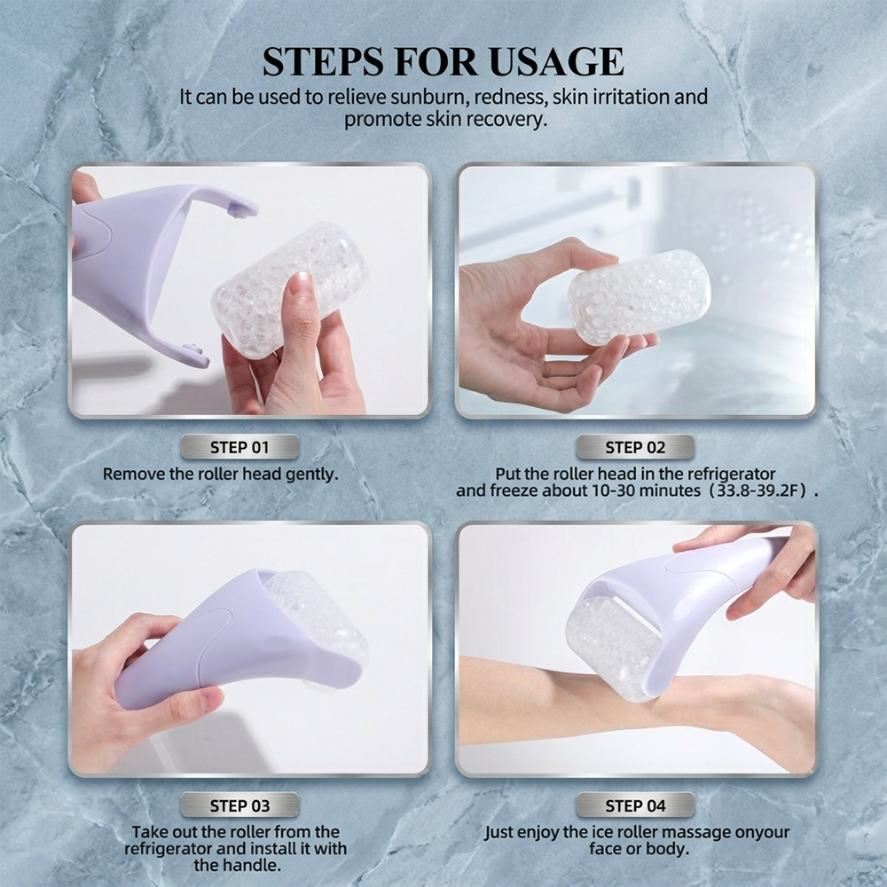 Premium 4-color facial ice roller set in light blue, mint green, pink and lavender – food-grade silicone, long-lasting cold effect, depuffing, sculpting and muscle relief