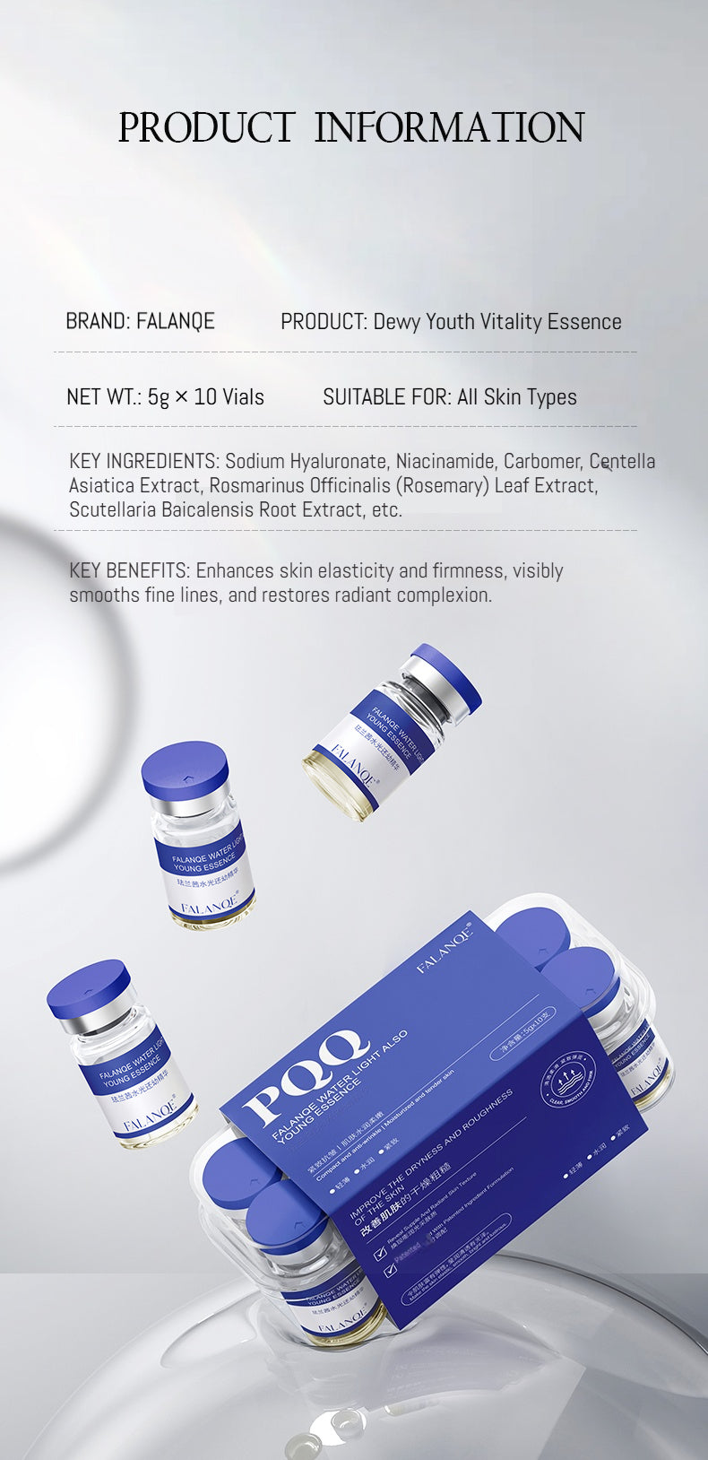 FALANQE Multi-Effect Hydrating Blue Vial Korean Skincare Lightweight Essence – Revitalizing, Smoothing & Anti-Aging Face Serum (10 Vials × 5g)