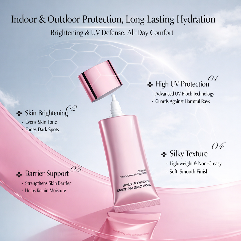 FORISE Beauty 377&577 High Power Whitening Sunscreen Lotion SPF50+ PA++++ in pink packaging