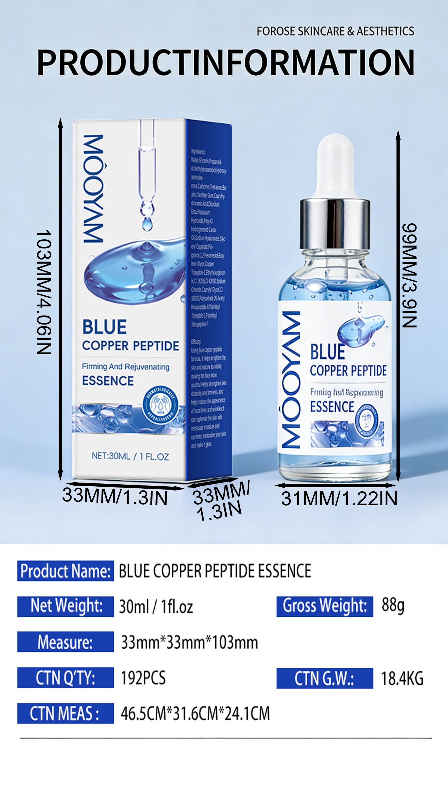 FORISE Beauty Blue Copper Peptide Firming & Rejuvenating Essence Serum 30ml – anti-aging dropper bottle with box