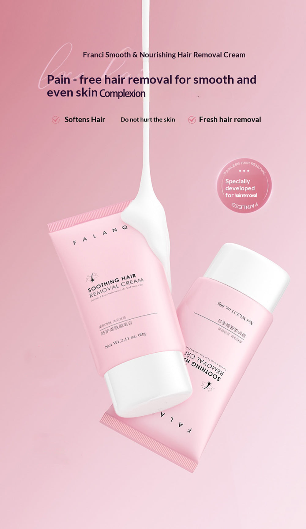 FORISE Beauty Soothing Hair Removal Cream 60g - Gentle depilatory cream in pink tube for smooth, hair-free skin