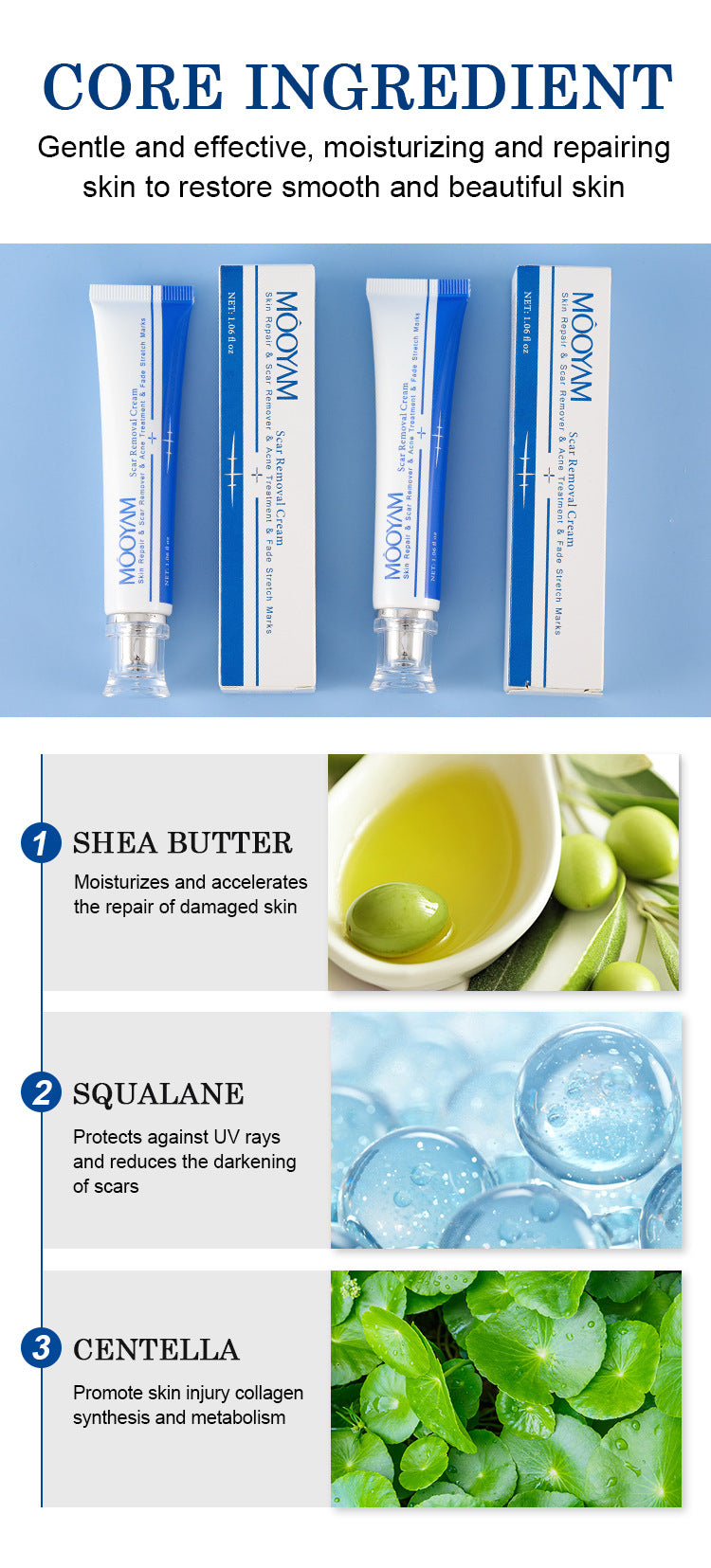 MOOYAM Scar Removal Cream tube and box, Skin Repair & Scar Remover & Acne Treatment & Fade Stretch Marks, 1.06 fl oz