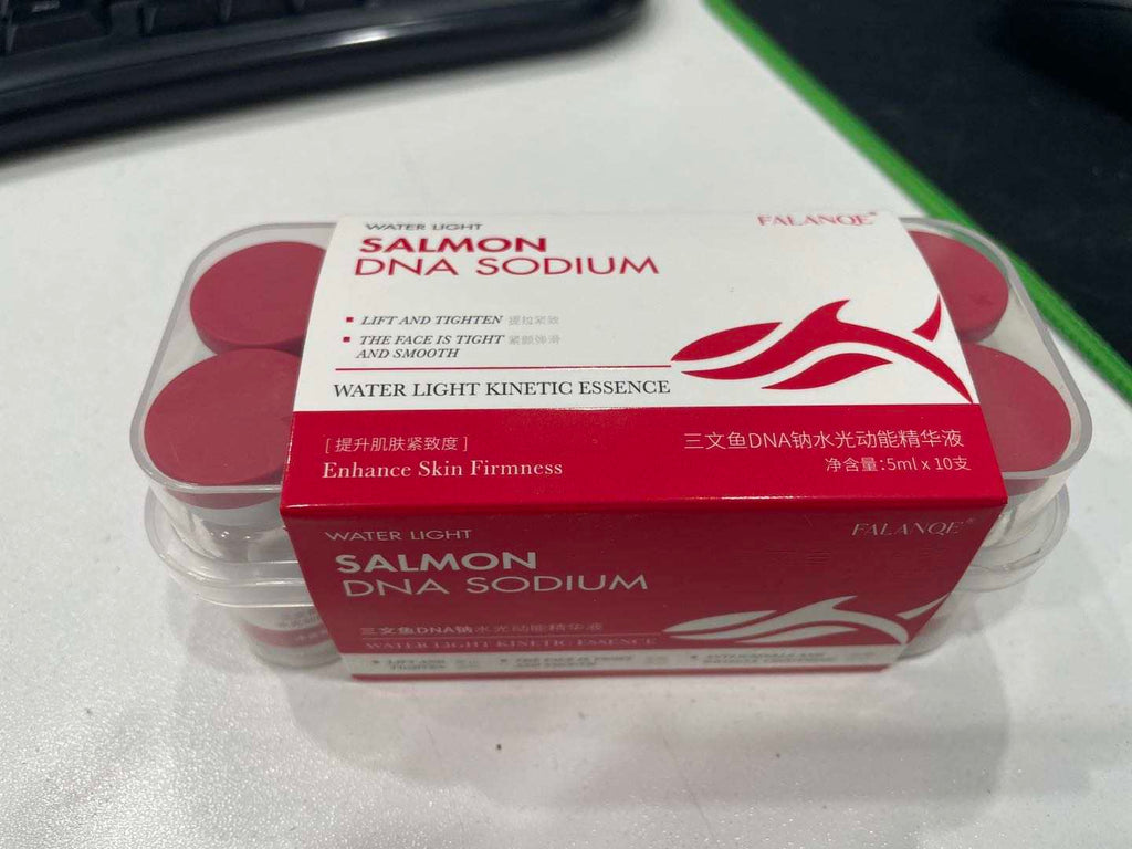 FALANQE Salmon DNA Sodium Water Light Kinetic Essence – set of glass vials with red caps and box packaging, lifts and tightens skin, anti-wrinkle and wrinkle smoothing