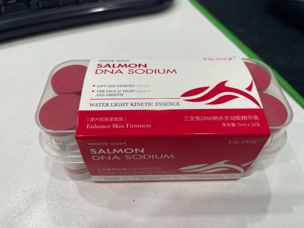 FALANQE Salmon DNA Sodium Water Light Kinetic Essence – set of glass vials with red caps and box packaging, lifts and tightens skin, anti-wrinkle and wrinkle smoothing
